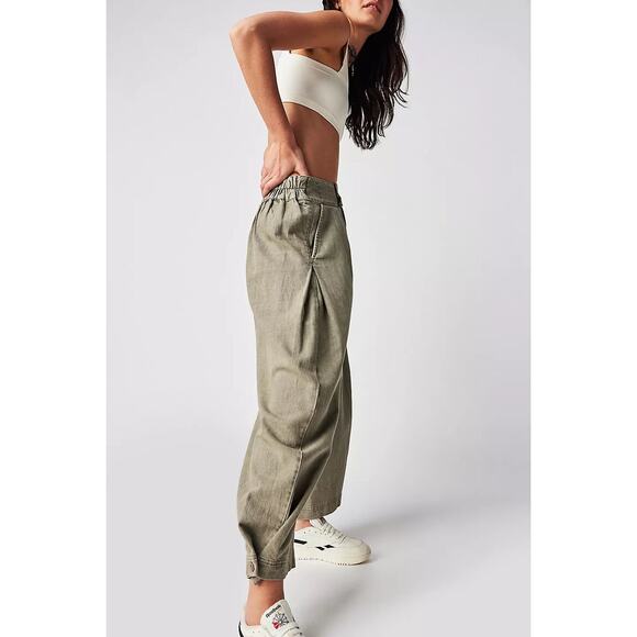 Free People Cool Harbor Wide Leg Elastic Waist  Pants Green Serpent XS NEW $128 - Picture 3 of 12